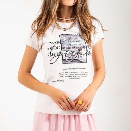 Biały damski bawełniany t-shirt z printem i napisami - Odzież