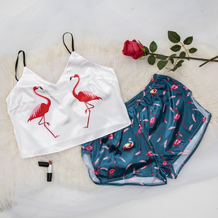 Ciemnozielona damska piżama z flamingami - Odzież