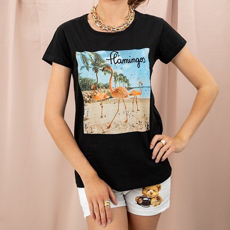 Czarny damski t-shirt z nadrukiem flamingów - Odzież