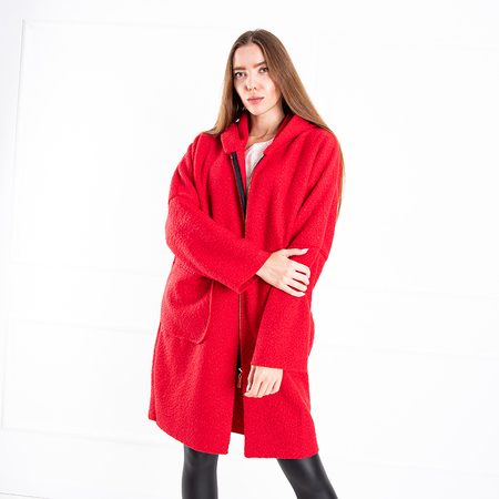 Czerwony damski kożuszkowy płaszcz z kapturem - Odzież