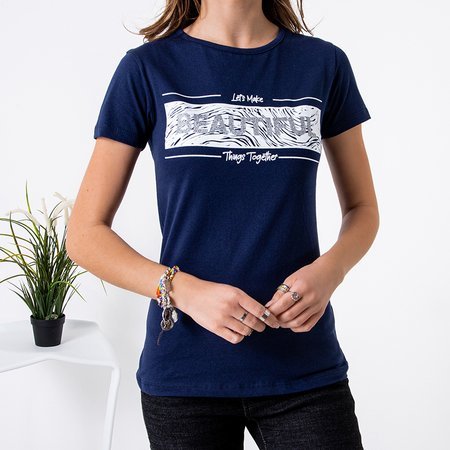 Granatowa damska bawełniana koszulka z nadrukiem - Odzież