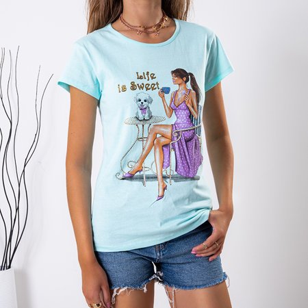 Miętowa damska bawełniana koszulka z kolorowym printem i napisem - Odzież