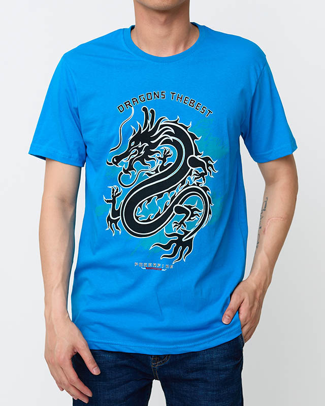 Niebieski bawełniany męski t-shirt z printem - Odzież