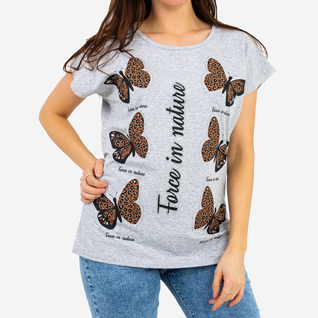 Szary damski t-shirt z nadrukiem w motyle PLUS SIZE - Odzież