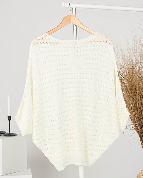 Ażurowy damski sweter z obniżonymi ramionami w kolorze ecru - Odzież