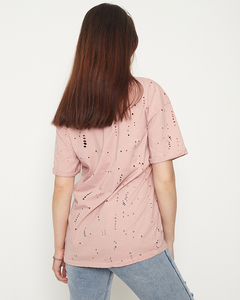 Bawełniany damski t-shirt z ozdobnymi dziurkami w kolorze pastelowego różu - Odzież