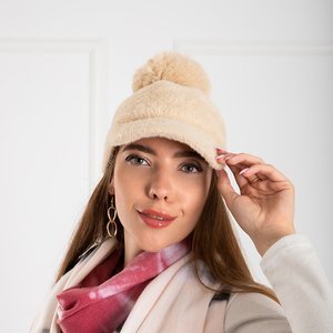 Beżowa damska czapka z daszkiem zdobiona pomponem - Akcesoria 