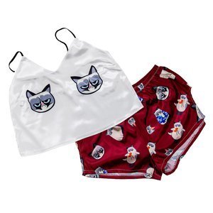 Bordowa damska piżama z printem w kotki - Odzież