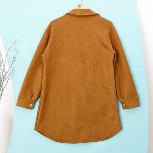 Brązowa damska eko-zamszowa oversize kurtka koszulowa - Odzież