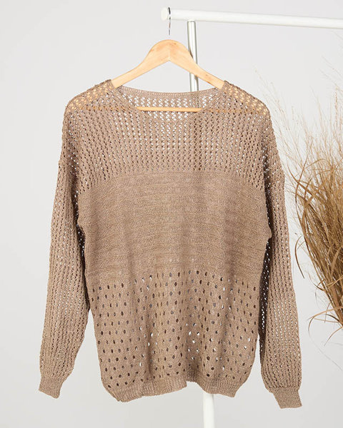 Brązowy ażurowy damski sweter - Odzież