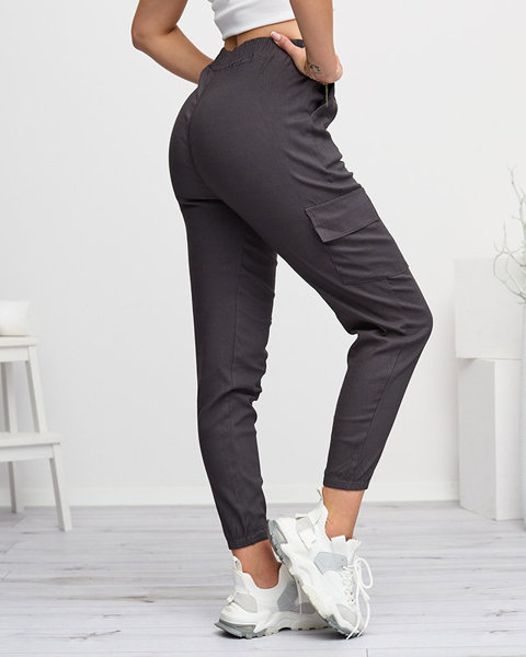 Ciemnoszare damskie spodnie typu bojówki z odpinaną kieszenią - Odzież