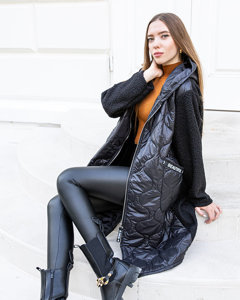 Czarna długa damska kurtka pikowana- Odzież