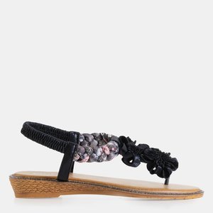 Czarne błyszczące damskie sandały japonki na koturnie Grassia - Obuwie