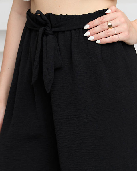 Czarne damskie szerokie spodnie palazzo z wiązaniem - Odzież