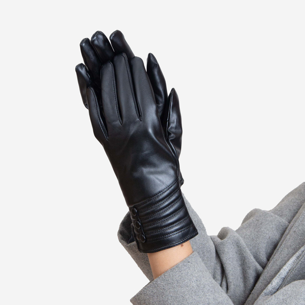 Czarne klasyczne damskie rękawiczki zdobione guzikami - Akcesoria