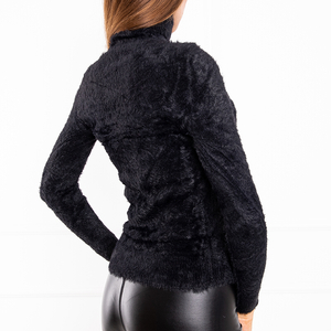 Czarny futerkowy damski sweter z golfem - Odzież