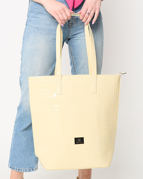 Damska lakierowana torebka shopper z tłoczeniem w kolorze ecru -  Akcesoria