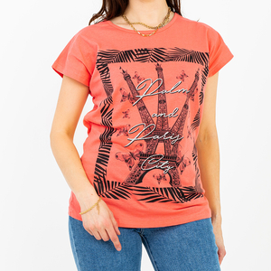 Damski koralowy t-shirt z kolorowym nadrukiem i brokatem PLUS SIZE - Odzież