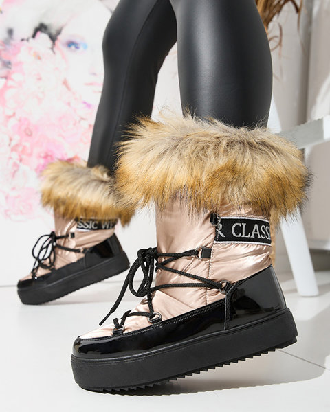 Damskie lakierowane buty a'la śniegowce w złoto- różowym kolorze Fursav- Obuwie