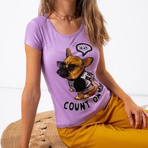 Fioletowa damska koszulka zdobiona nadrukiem z pieskiem - Odzież
