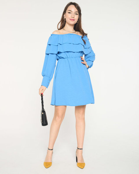 Krótka niebieska damska sukienka z falbanami- Odzież