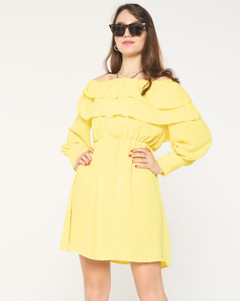 Krótka żółta damska sukienka z falbanami- Odzież