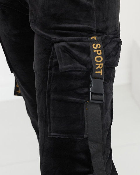 Royalfashion Czarne damskie welurowe spodnie dresowe typu cargo PLUS SIZE