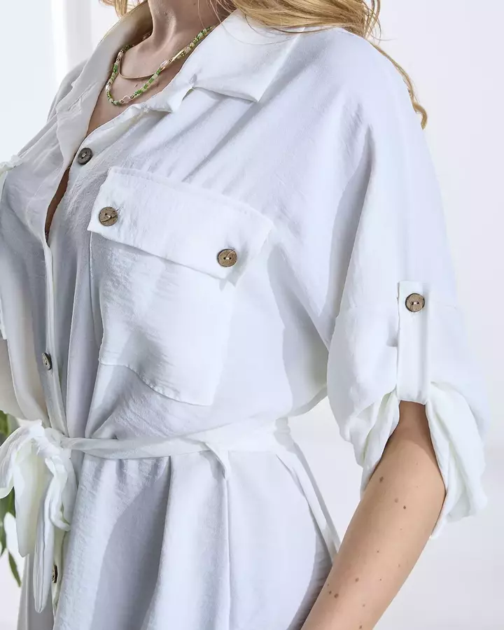 Royalfashion Damska koszulowa sukienka z wiązaniem w talii w kolorze białym 