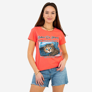 Royalfashion Koralowy damski t-shirt z kotkiem