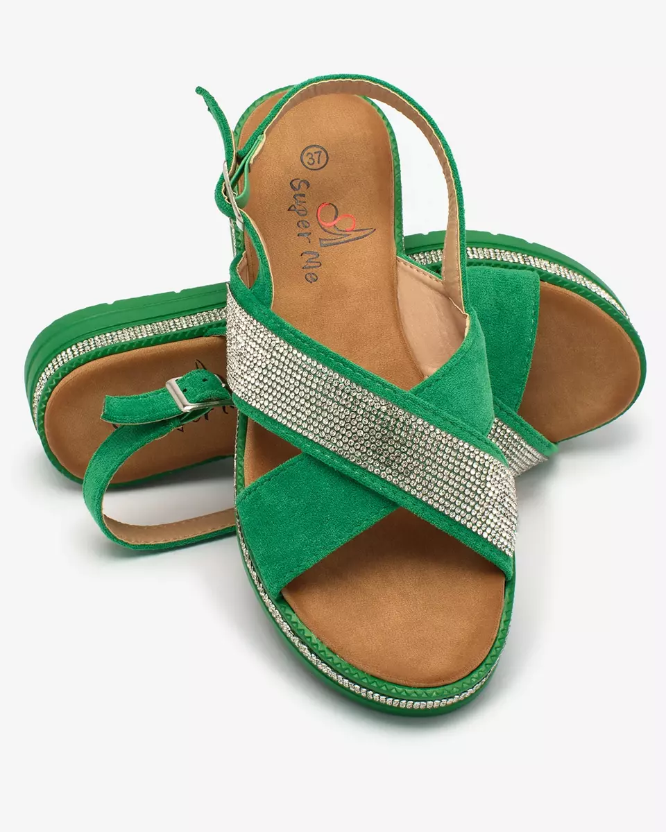 Royalfashion Zielone damskie eko-zamszowe sandały z cyrkoniami Trikysa