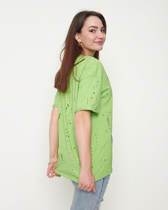 Royalfashion Zielony bawełniany damski t-shirt z ozdobnymi dziurkami