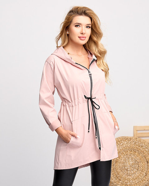 Różowa damska długa kurtka typu wiatrówka z wiązaniem w talii - Odzież