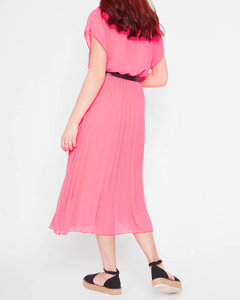 Różowa neonowa damska plisowana sukienka midi z paskiem - Odzież