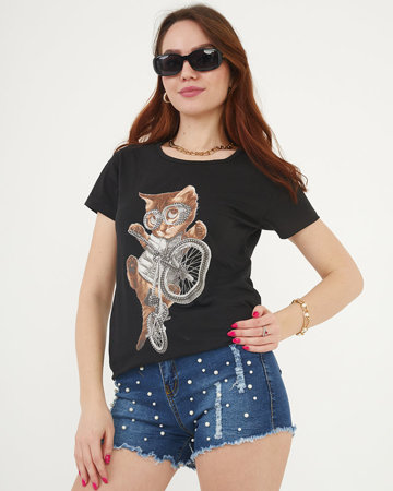 Чорна жіноча футболка з принтом кота