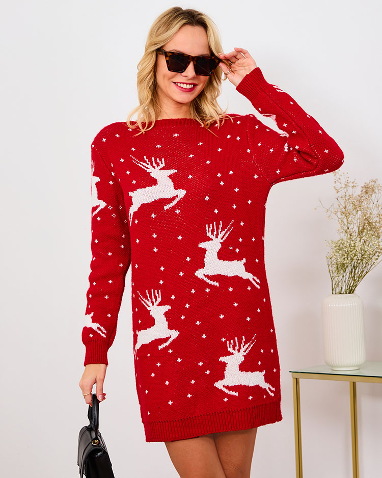 Червона жіноча сукня-светр з різдвяним принтом - Одяг