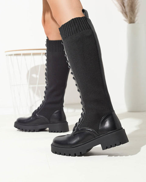 Чоботи жіночі до коліна на шнурівці чорного кольору Afasa - Взуття