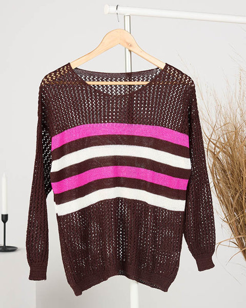 Коричневий ажурний жіночий светр в смужку