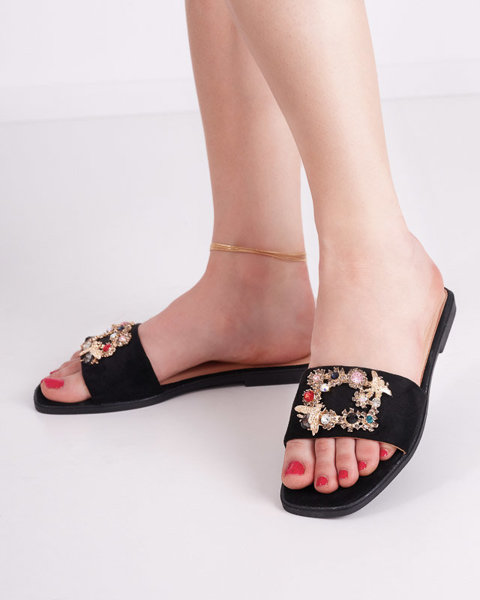OUTLET Жіночі чорні еко-замшеві тапочки із золотою пряжкою Kom- Footwear