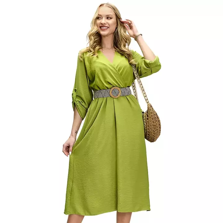Світло-зелена жіноча довга сукня з поясом - Одяг